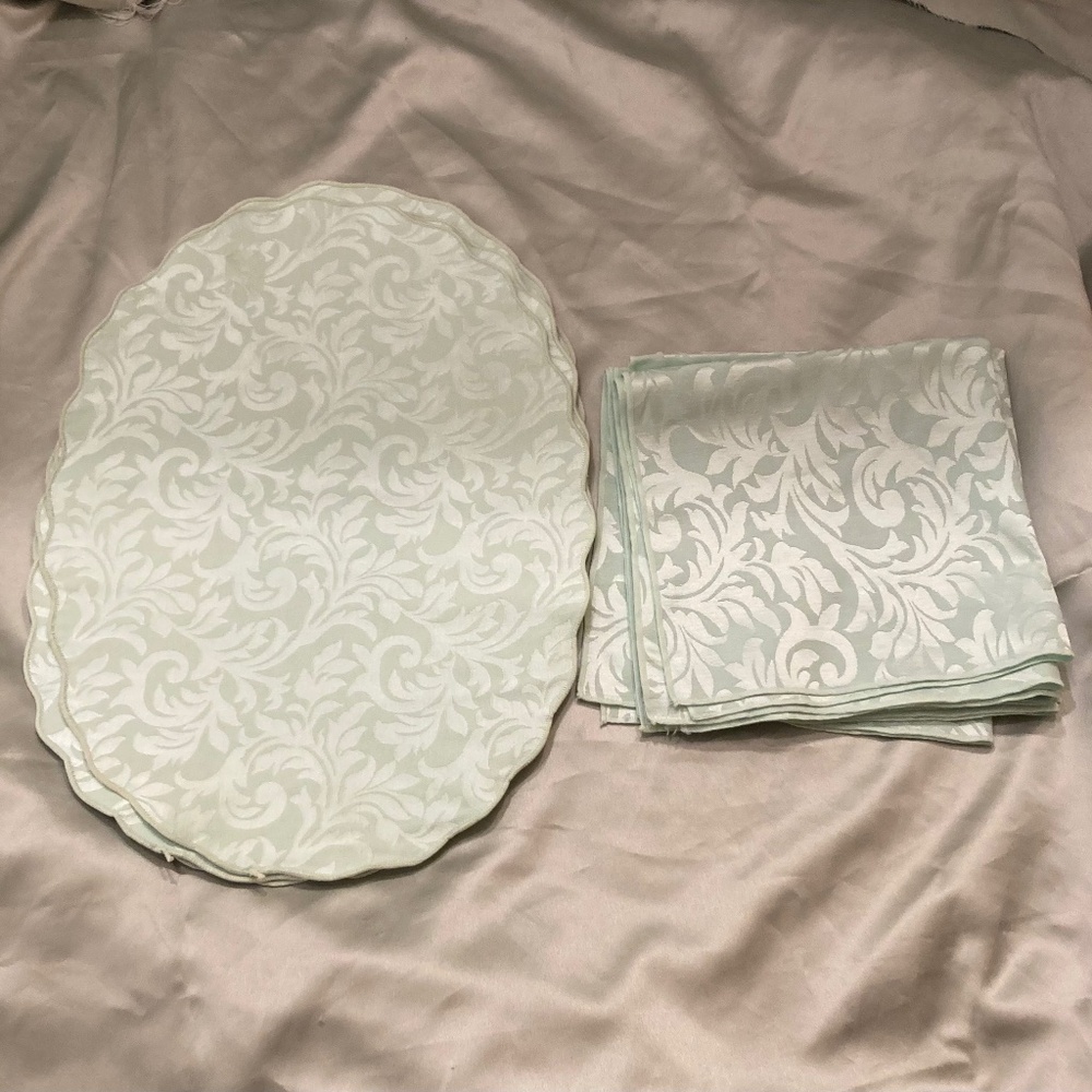 Set of Mint Green Damask Fabric Placemats and Napkins - 4 each - 8 Total Pieces